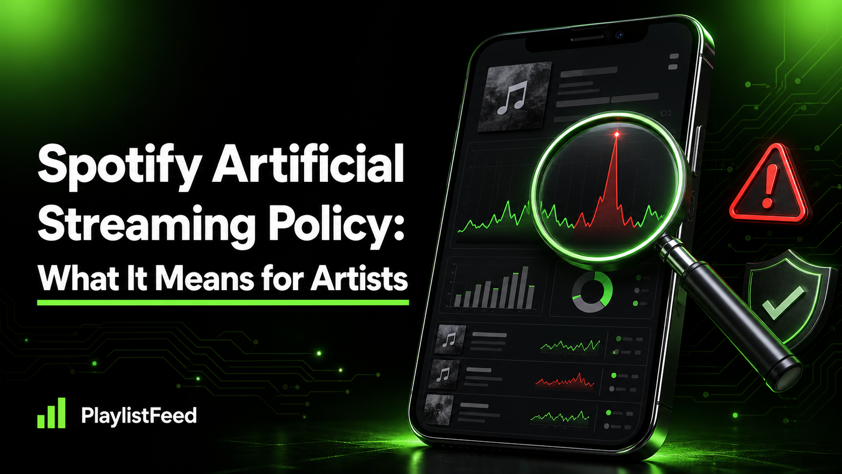 PlaylistFeed thumbnail for “Spotify Artificial Streaming Policy: What It Means for Artists,” showing a music analytics screen with a flagged red stream spike under a neon-green magnifying glass.